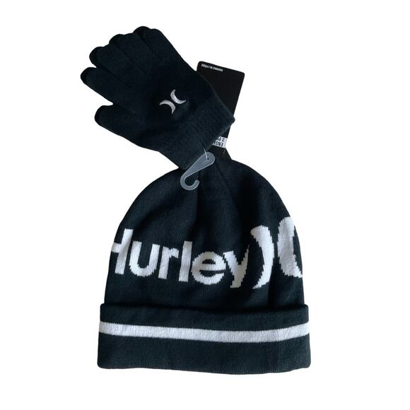 Hurley Beanie 2pc Set Boys Youth OS *NWT‎ black Hat Gloves - Picture 1 of 4